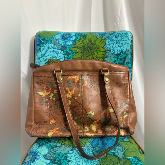 Patricia Nash Poppy Floral Bird Leather Boho Map Tote Bag 14x11x4 - Picture 2 of 14